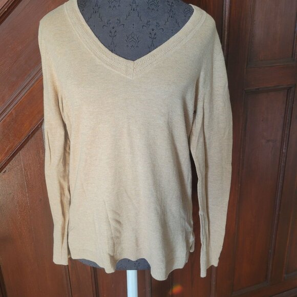 Talbots Womens V-Neck Sweater Medium Tan Lightweight Cotton/Nylon Blend Long Sle - Picture 1 of 7